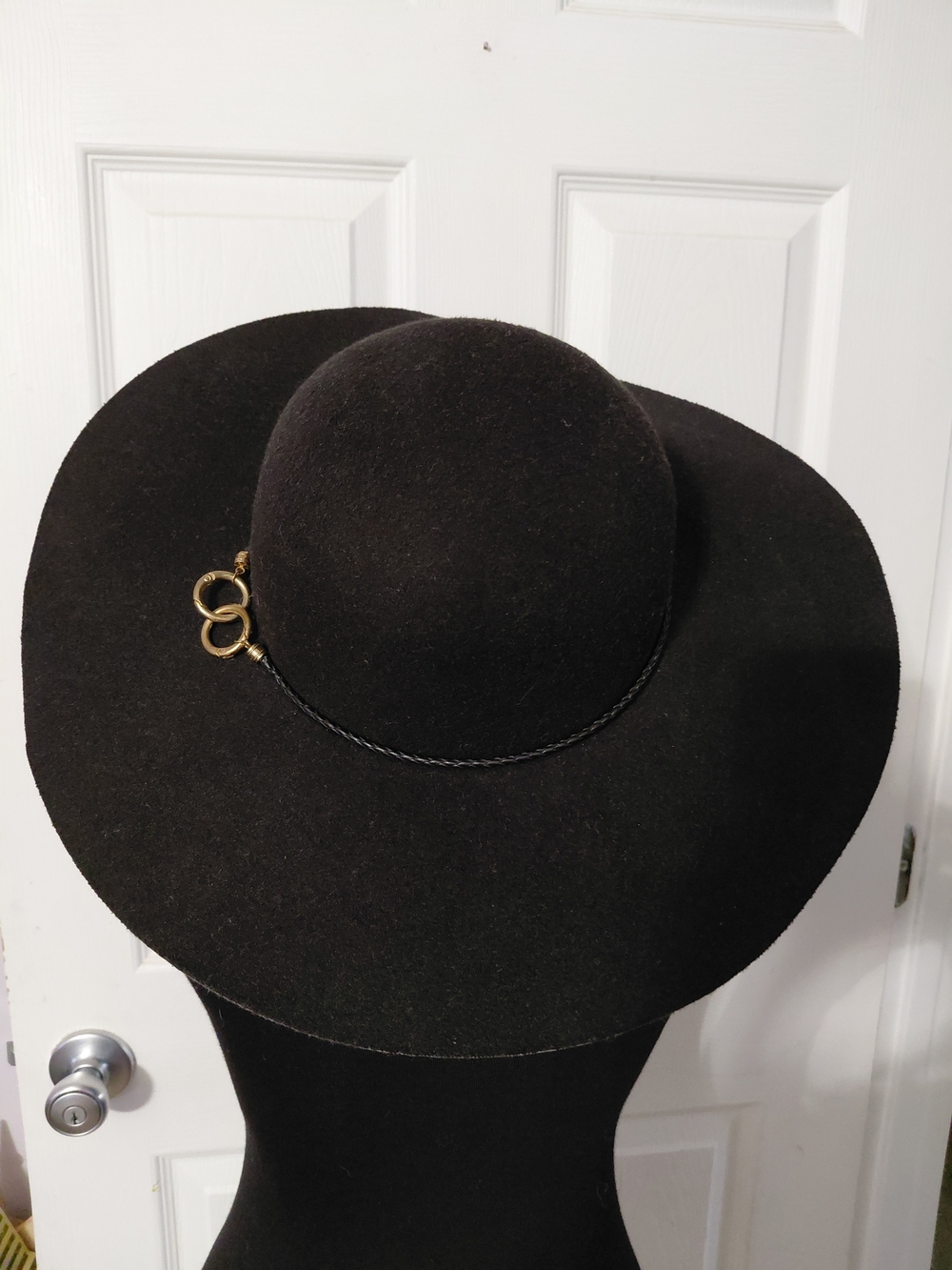 Mud Pie Black Wide-Brim Felt Hat with Gold Ring Detail